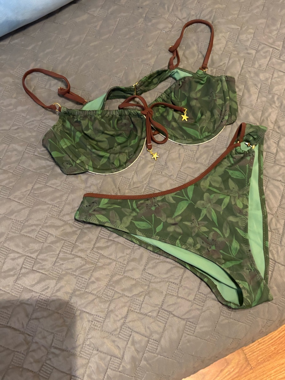 PacSun Green Leaf Print Bikini with Brown Straps